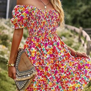 NIVYEE Women's Casual Floral Summer Dress Puff Sleeve Ruffle Hem Inside Dress